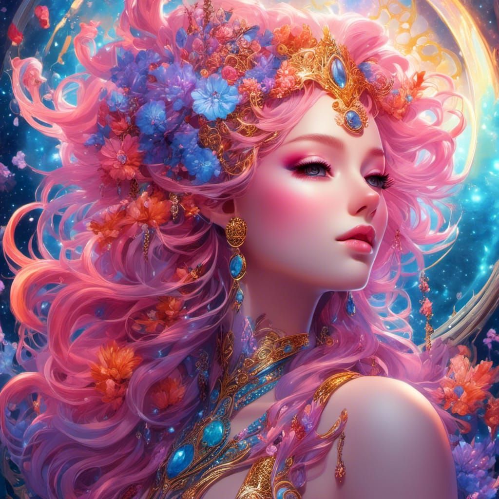 Nebula Mermaid with Neon Flowers in 3D