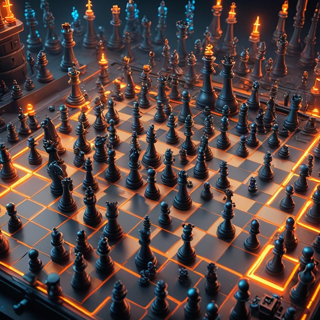 Neon Chess Computer with Ants in Digital Art