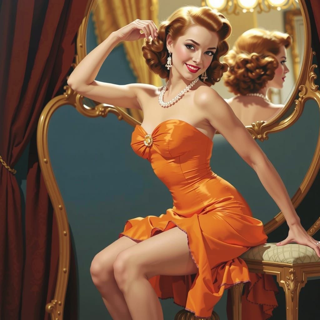 Vintage-Era Goddess in Orange Evening Gown