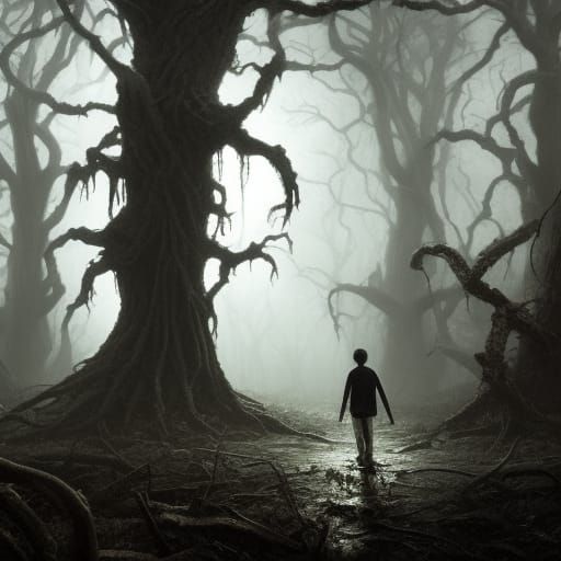 Scared Boy in Sinister Dark Fantasy Forest