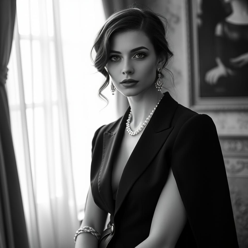 Elegant Woman in Black and White Hyper-Realism