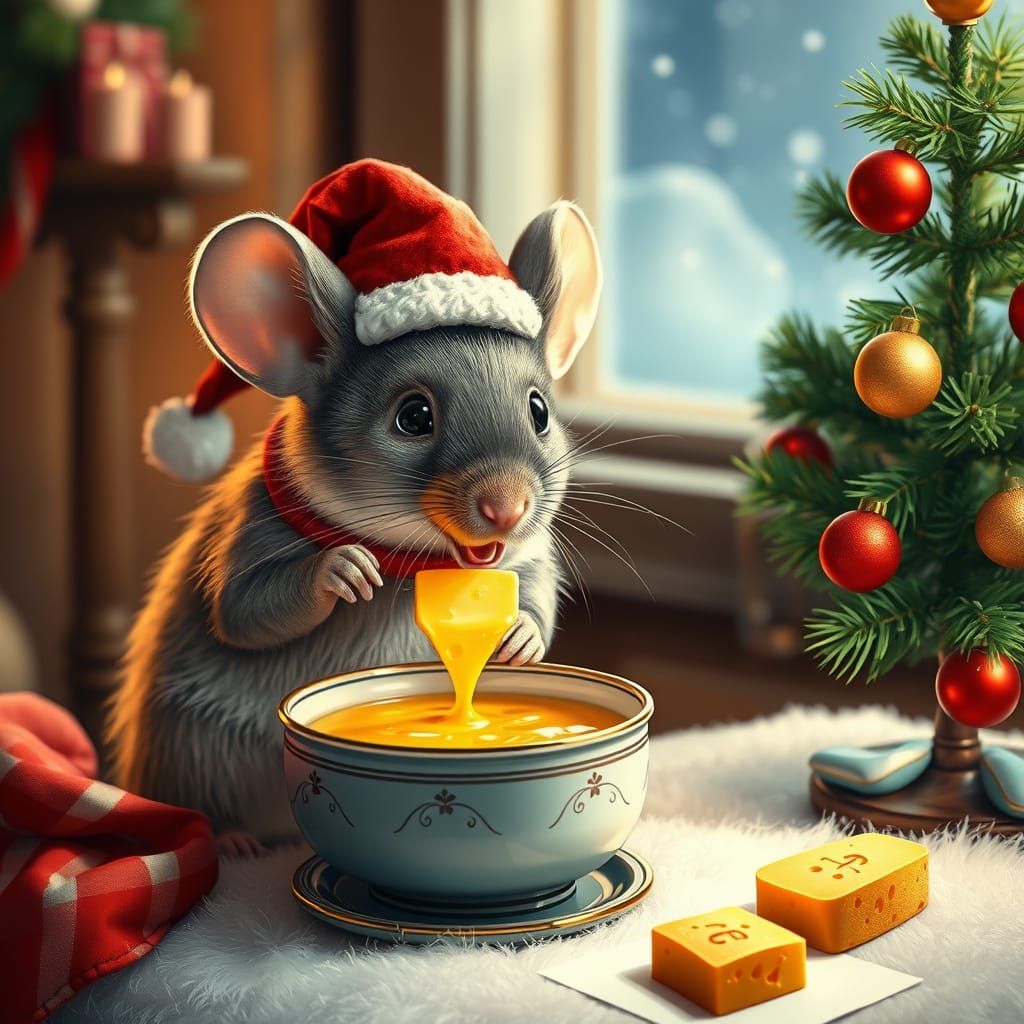 Festive Mouse Enjoys Christmas Fondue Feast