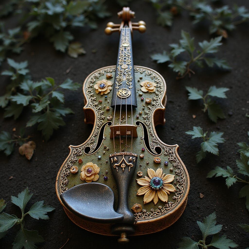 Ethereal Violin Woven with Leaves and Arcane Symbols in Art ...
