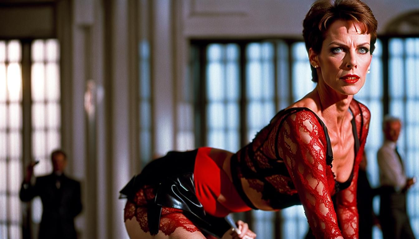 Jamie Lee Curtis from the movie True Lies wearing a revealing red lace miniskirt