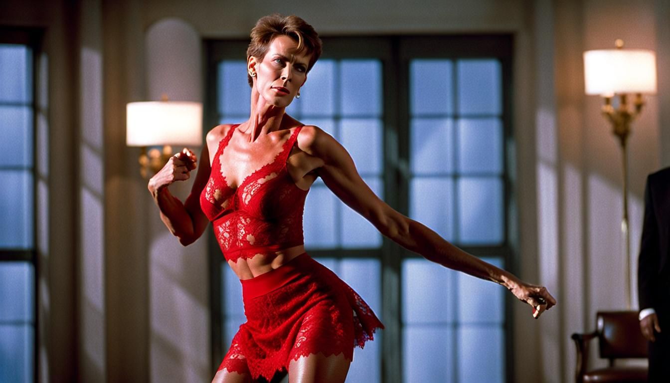 A young Jamie Lee Curtis from the movie True Lies wearing a revealing red lace miniskirt and see through stockings danci...