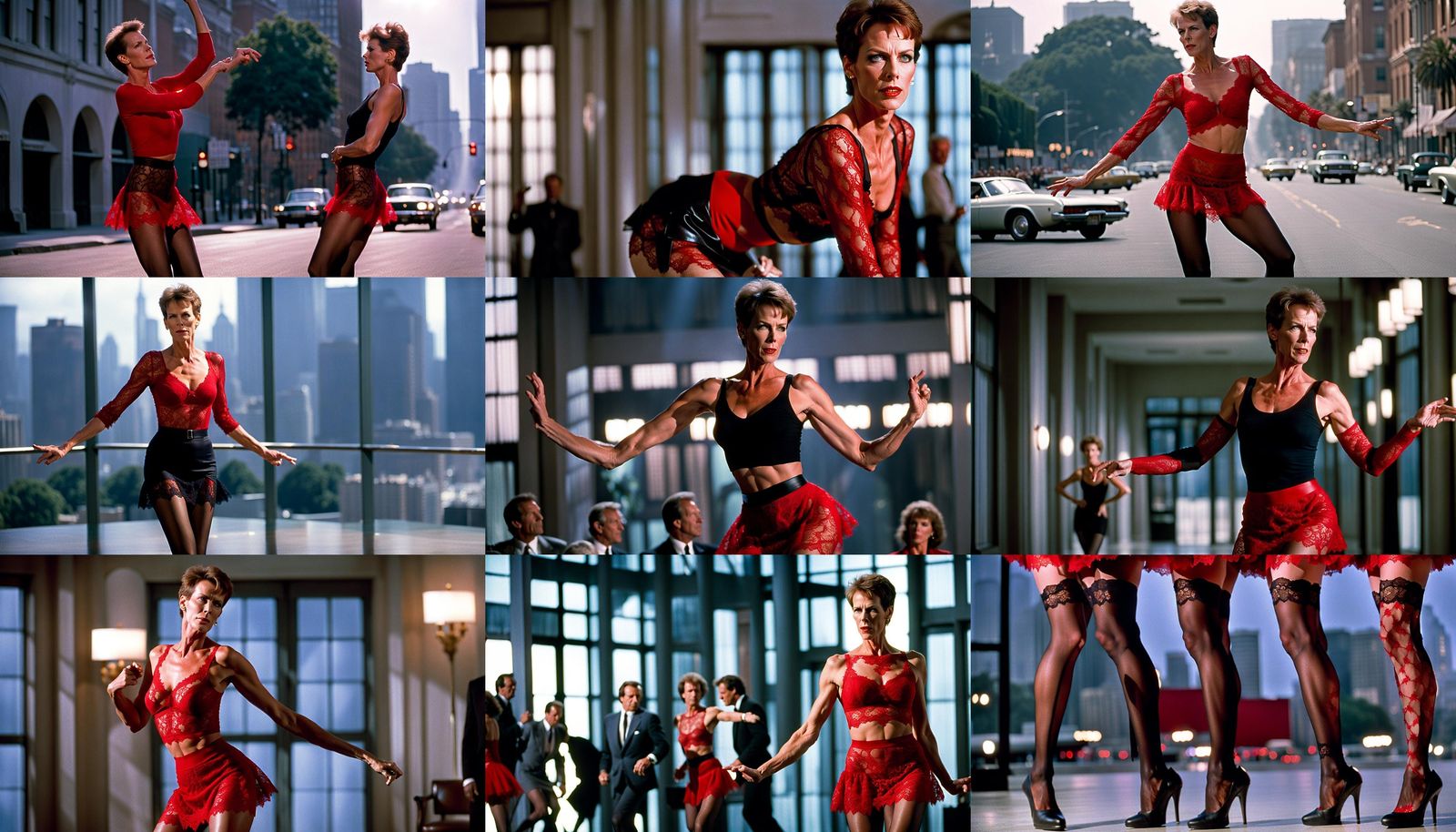 A young Jamie Lee Curtis from the movie True Lies wearing a revealing red lace miniskirt and see through stockings danci...