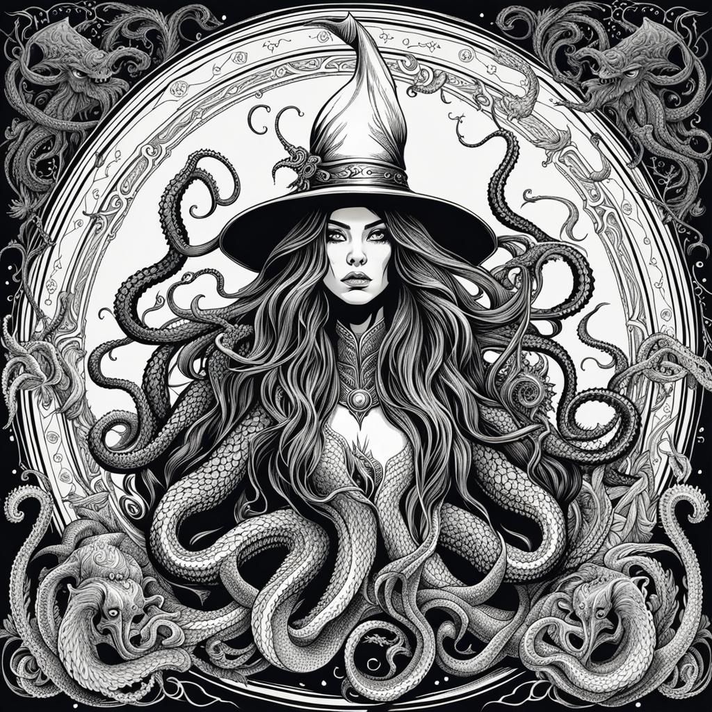 Cthulhu Witch Summons Kraken in Detailed Line Art