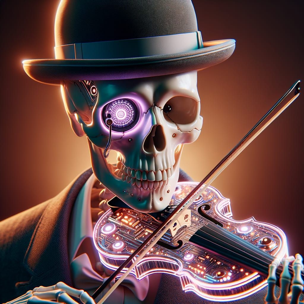 Futuristic Skeleton Virtuoso Plays Shimmering Fiddle in Bowl...