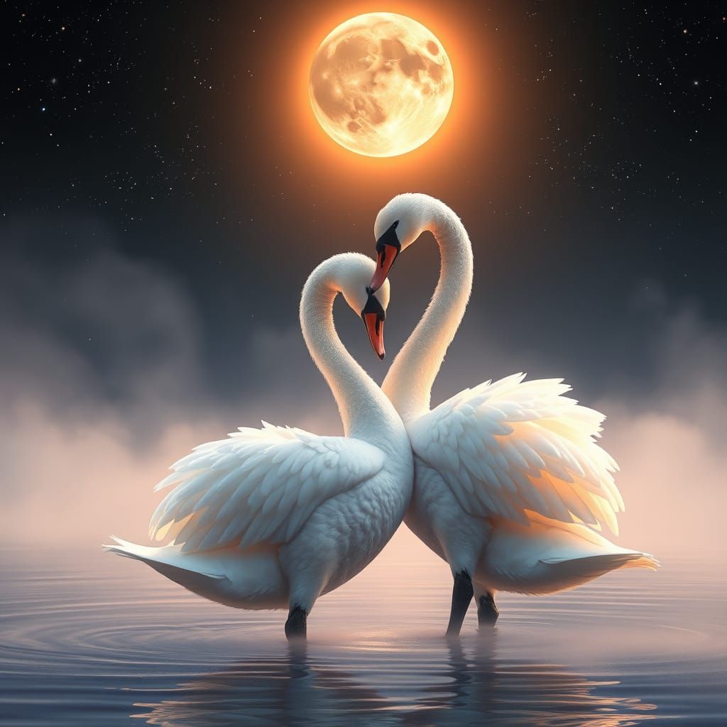 Serene Swan Embrace Under Starry Night Sky