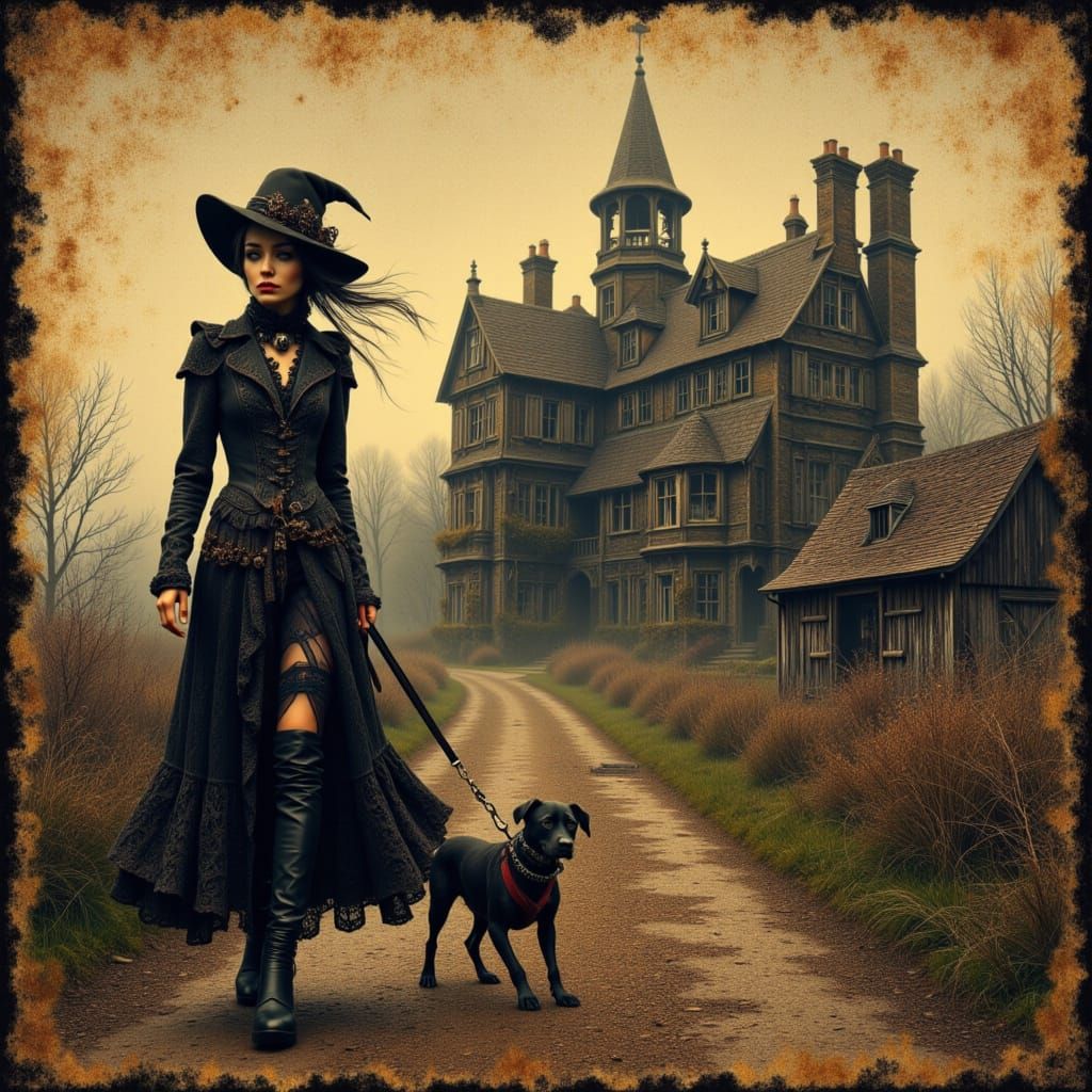 Gothic French Girl Walking with Dog in Art Nouveau Style