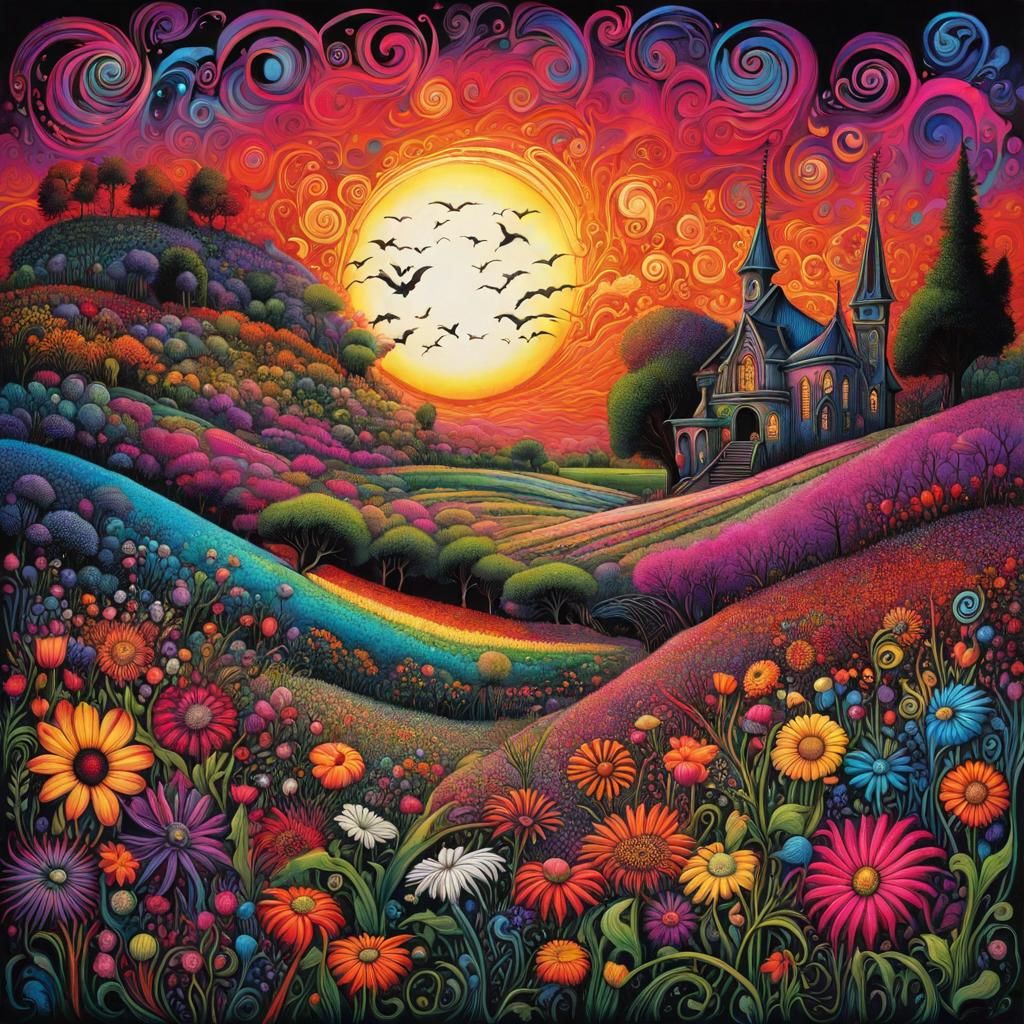 Chaotic Gothic Spring Landscape in Tim Burton Style