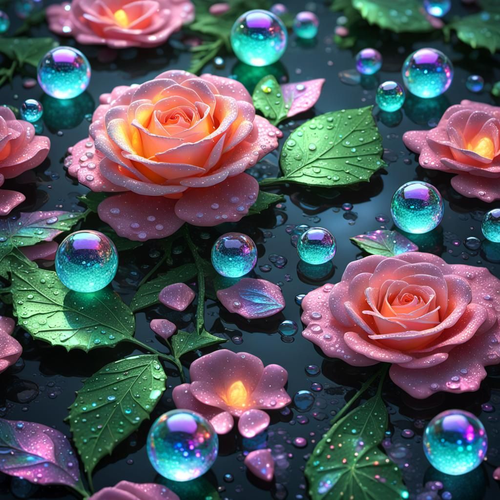 florescent light behind iridescence   dew drops on reflectiv...