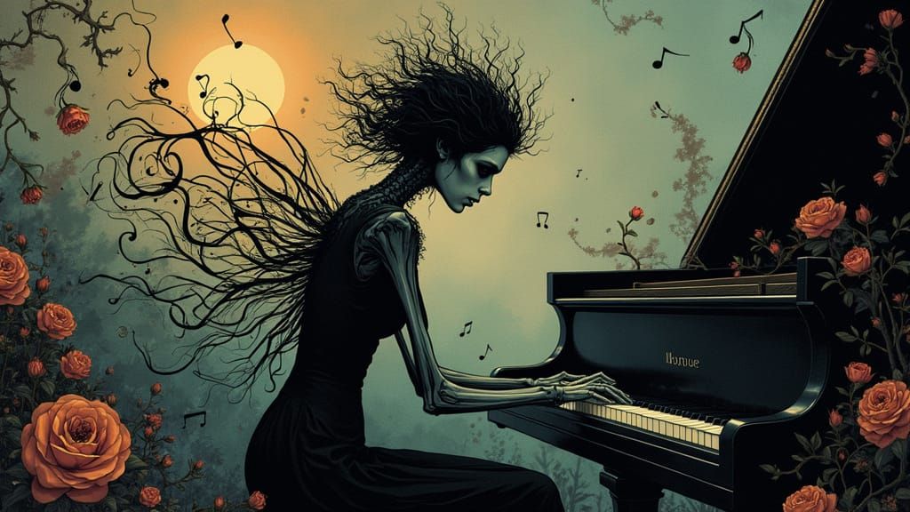 Gothic Art Nouveau Skeletal Muse Composing Music