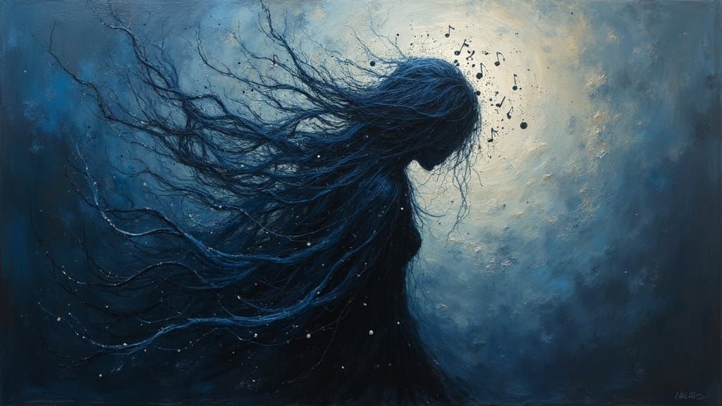 Abstract Heartache Oil Painting with Haunting Musical Notes