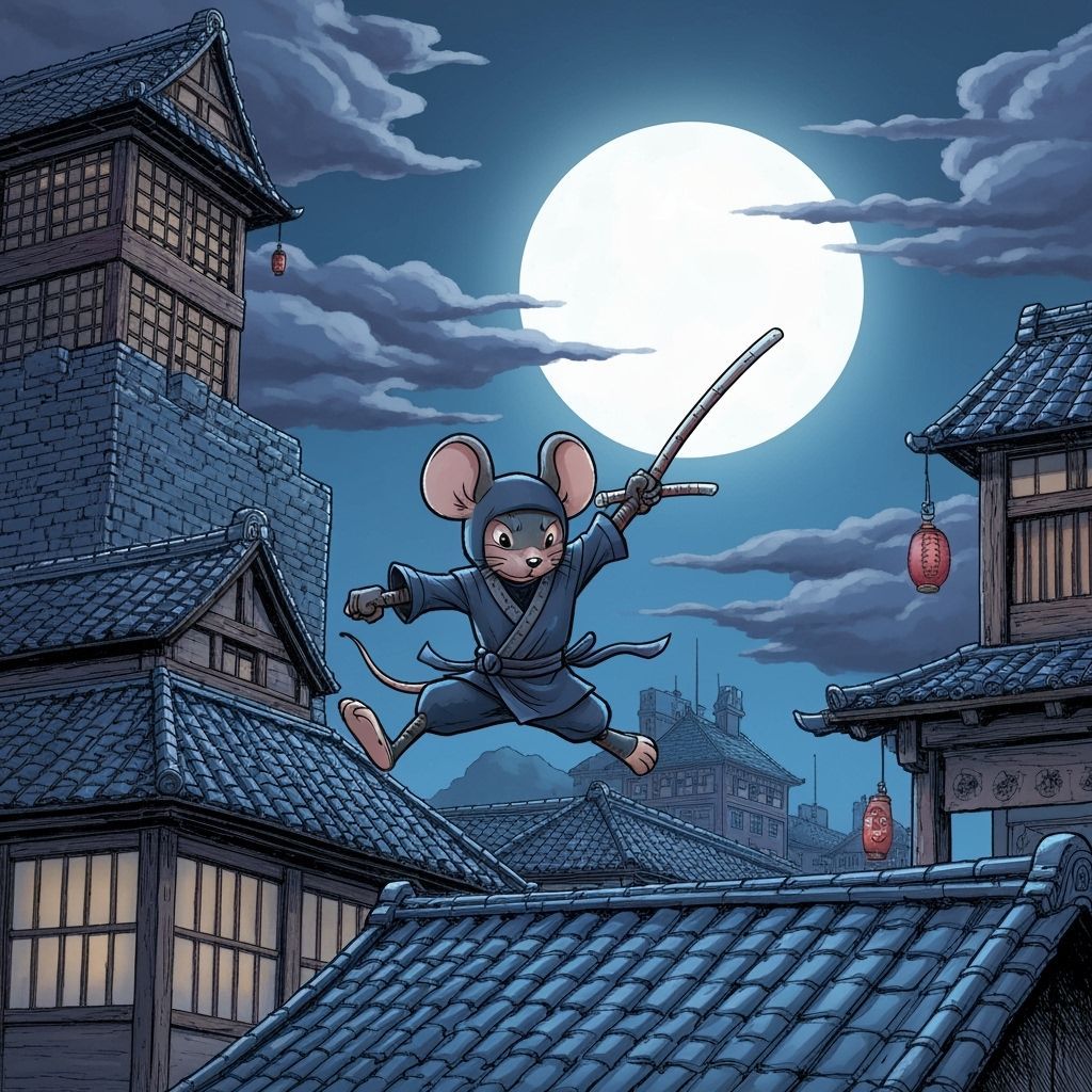 Ninja Mouse on Rooftops in Tenniel Style