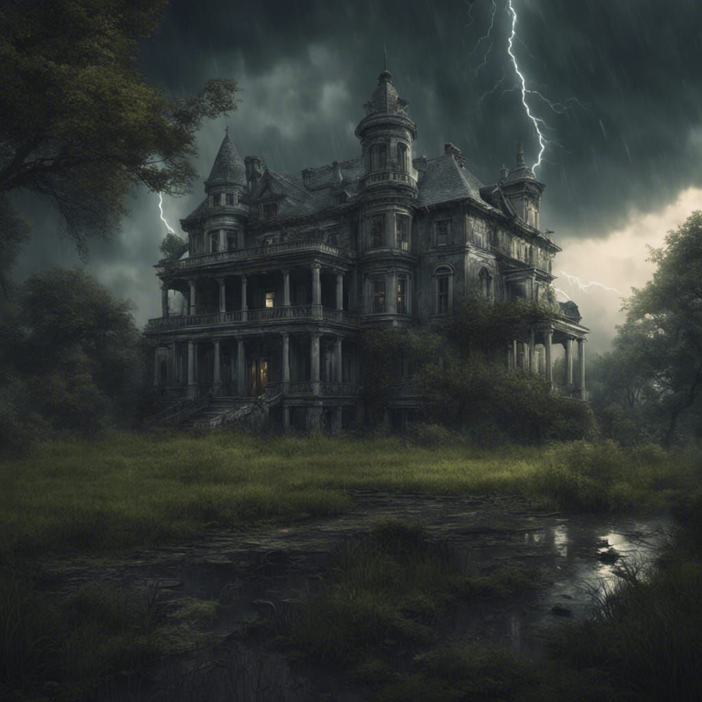 Haunted Mansion in Stormy Swamp: Fantasy Concept Art