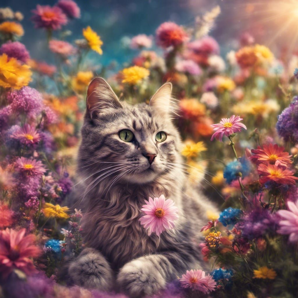 Psychedelic Cat Adorned with Flowers in Divine Light