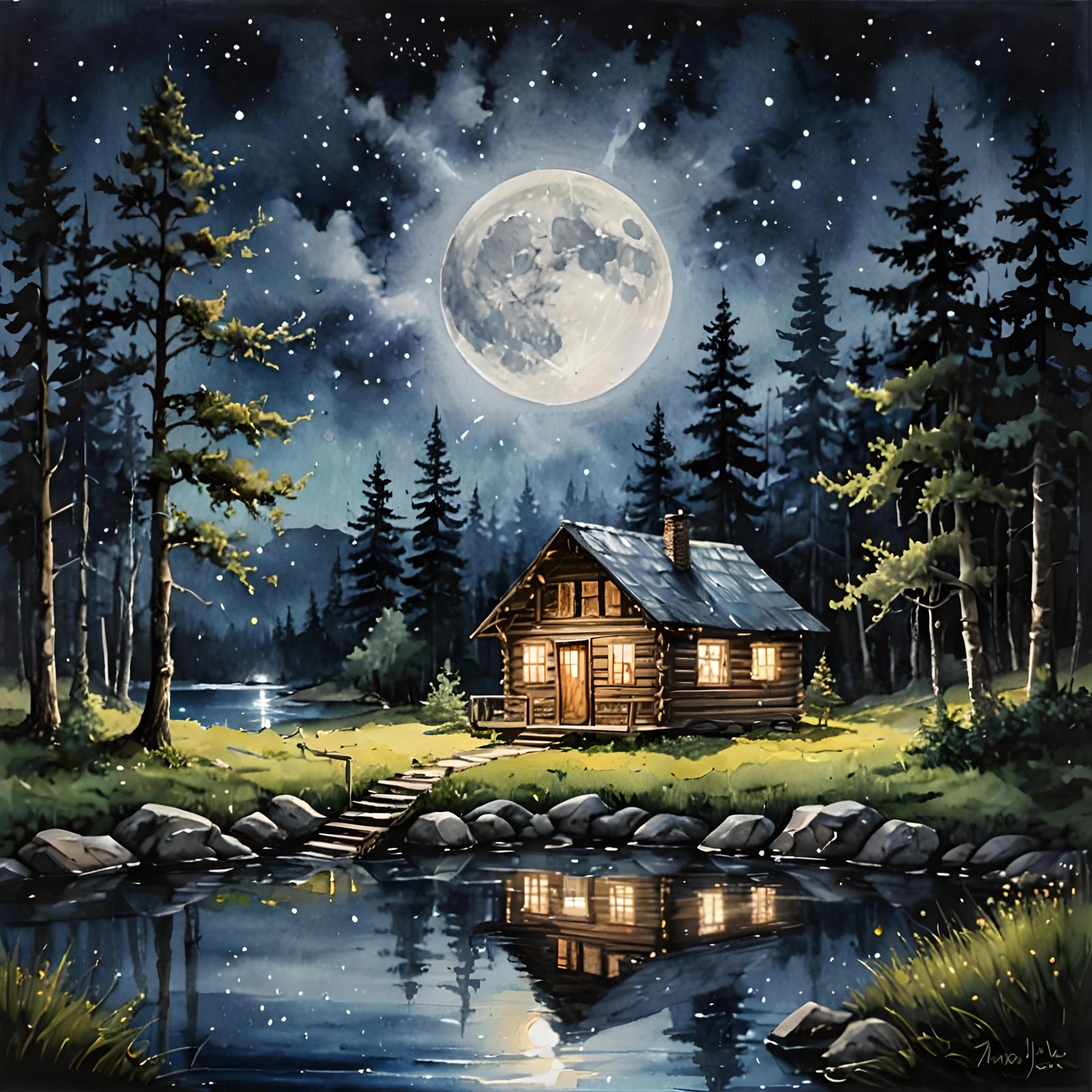 Cabin in Moonlight: Ink Wash Painting