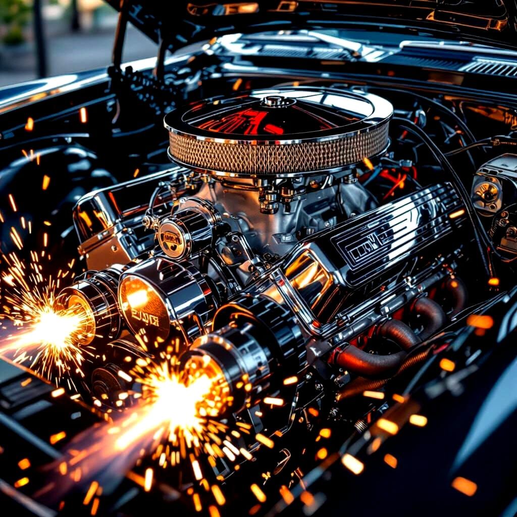 Hyperrealistic V8 Muscle Car Engine Close-Up