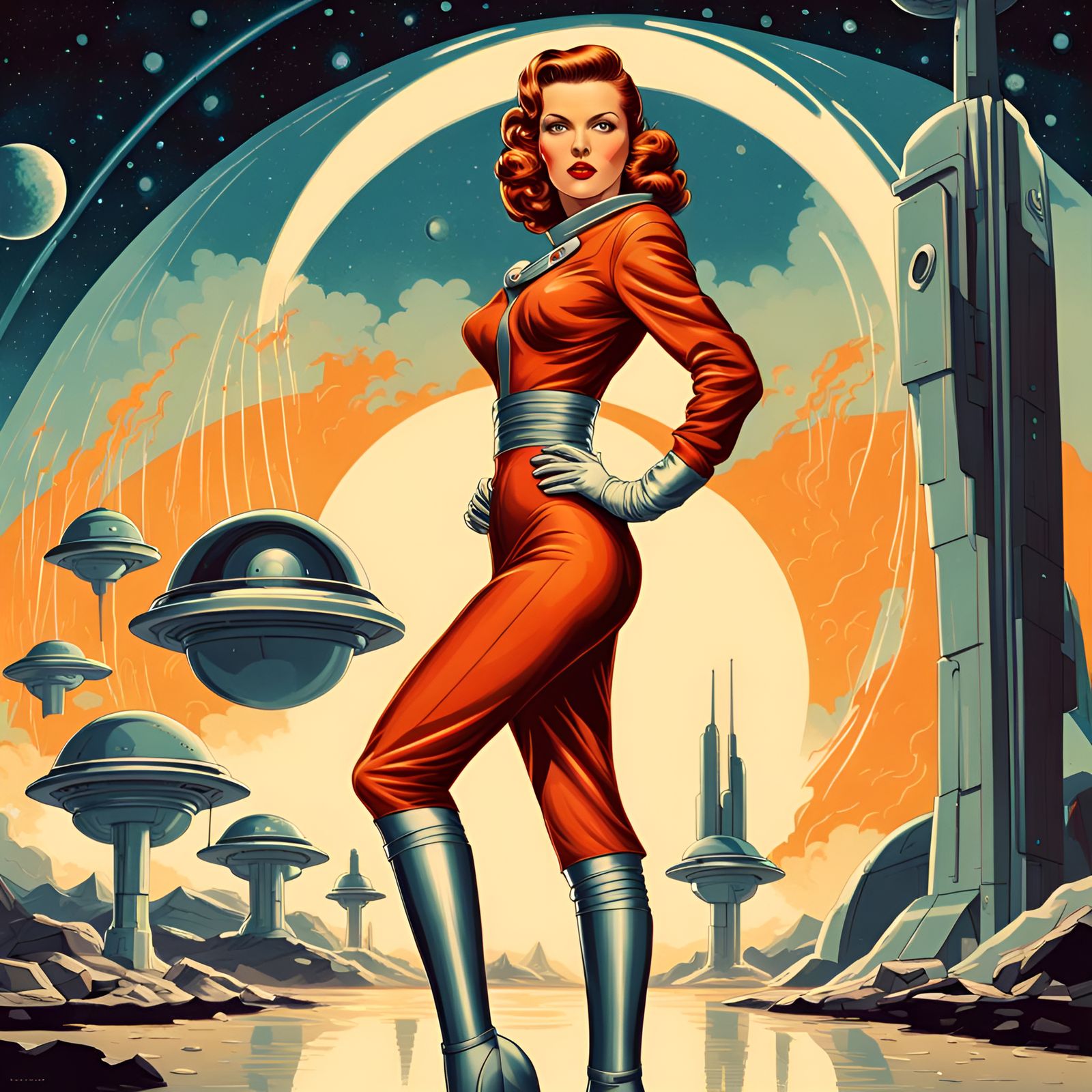 Retro-Futuristic Pinup Poster of Woman in Spacesuit