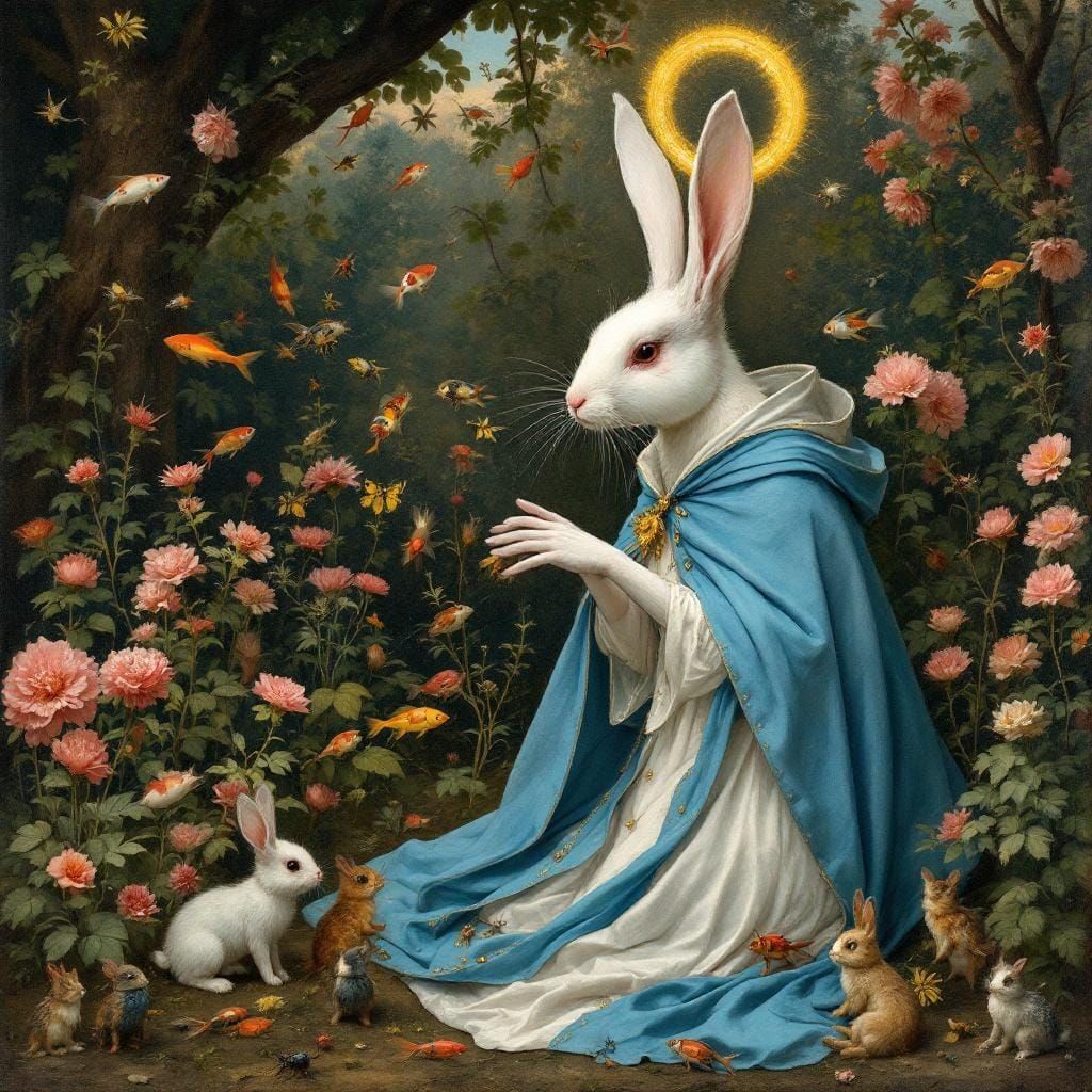 Hare as Madonna in Baroque Garden Painting