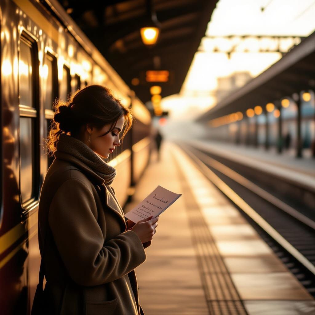 Romantic Drama Still: Person with Letter at Vintage Train St...