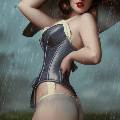 Rain-Kissed Pinup in Corset, Hyperdetailed Render