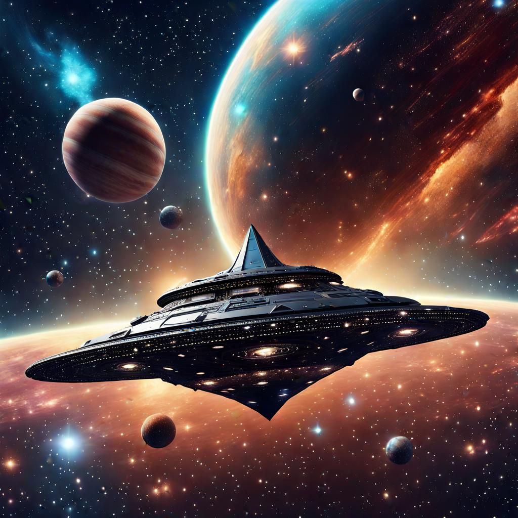 Triangular Starship Travels to Nebula in Universe