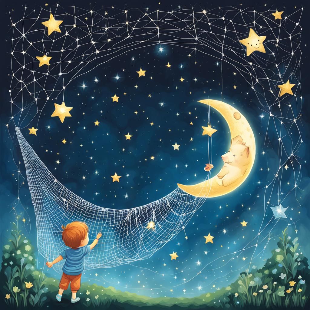 Star-Catching Moon with Net of Twinkling Stars