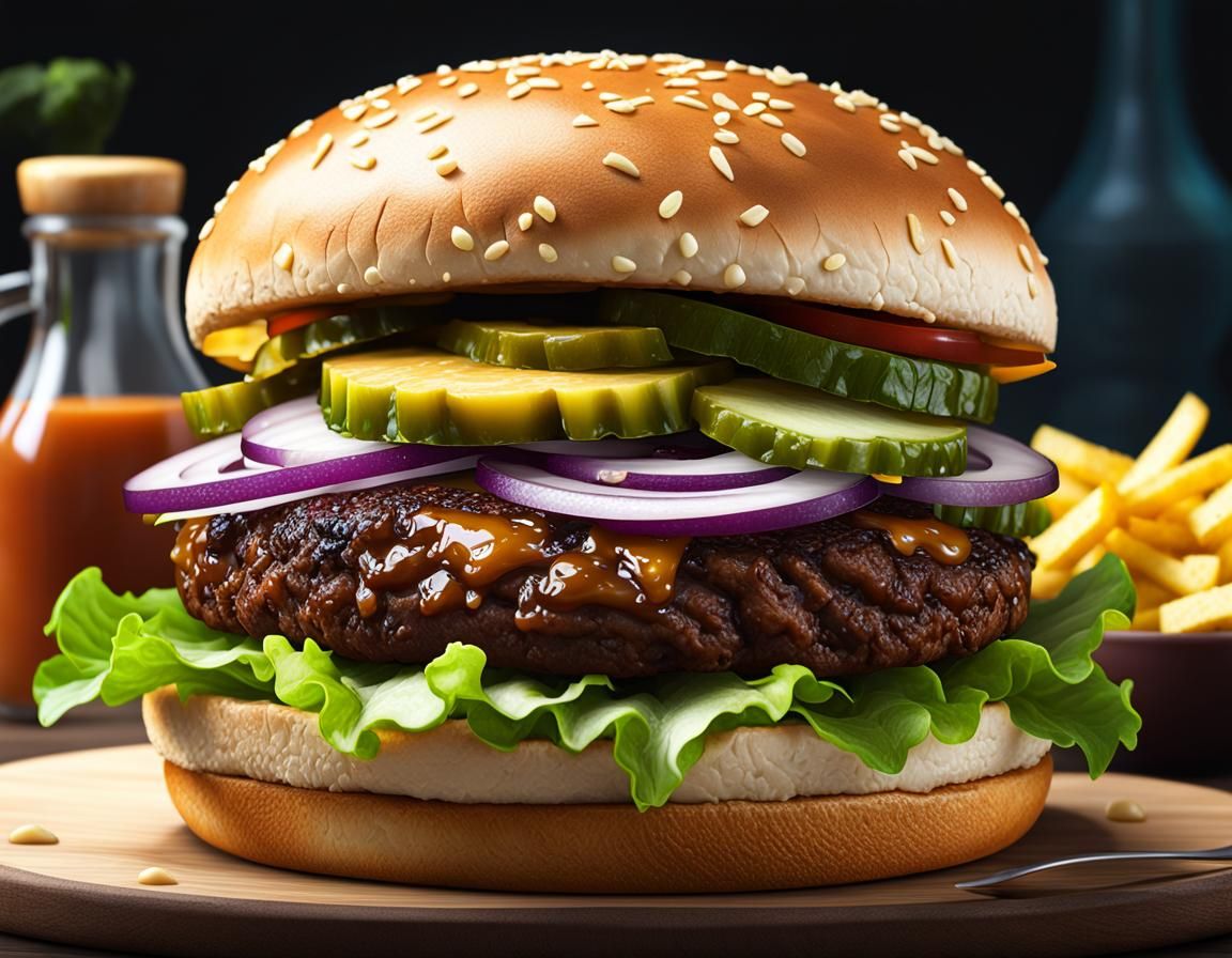 Hyperrealistic Hamburger with Detailed Ingredients and Light...