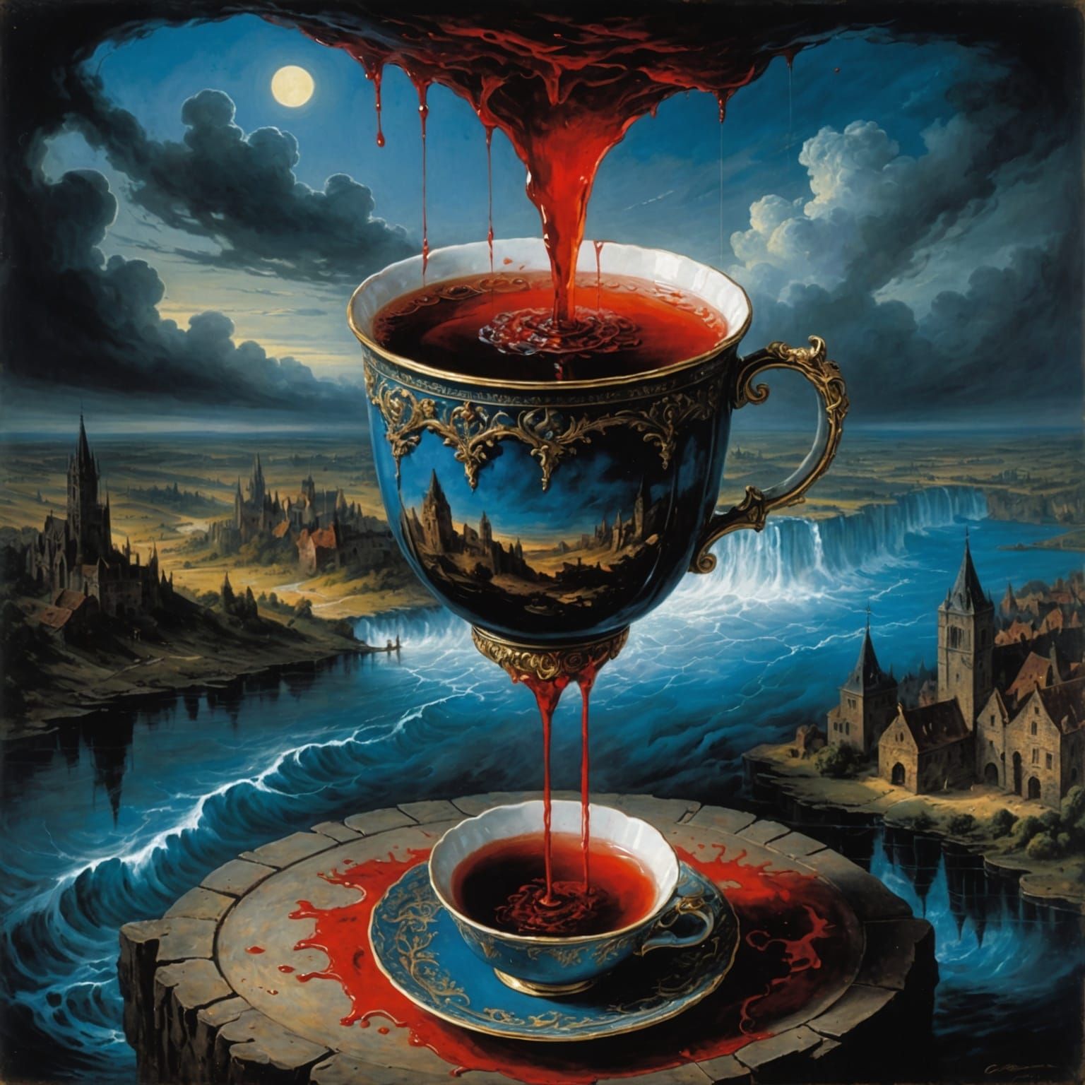 Teacup Fantasy: A Horror Scene in Gustave Doré Style