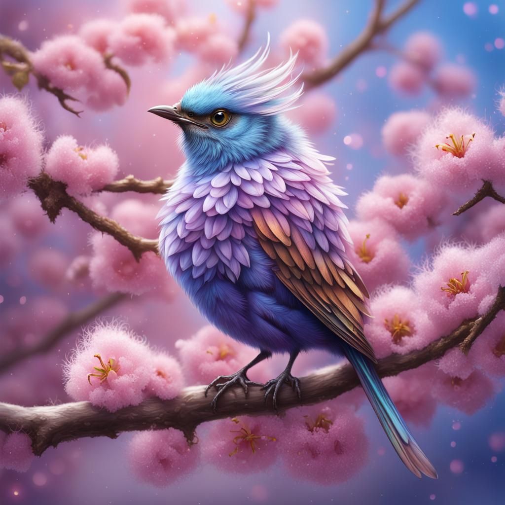 Iridescent Fairy Bird on Plum Branch in Hyperrealism