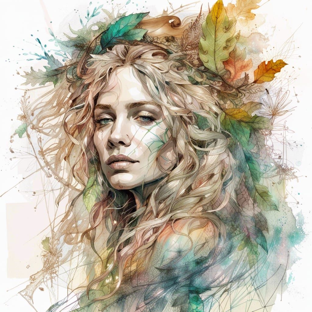 Goddess in Colorful Ink Drawing