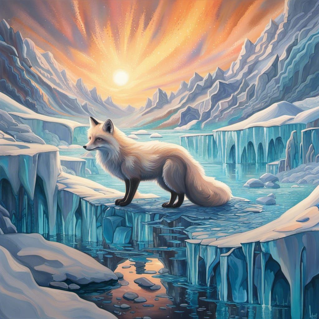 Arctic Fox on Ice Flow in Double Exposure Style