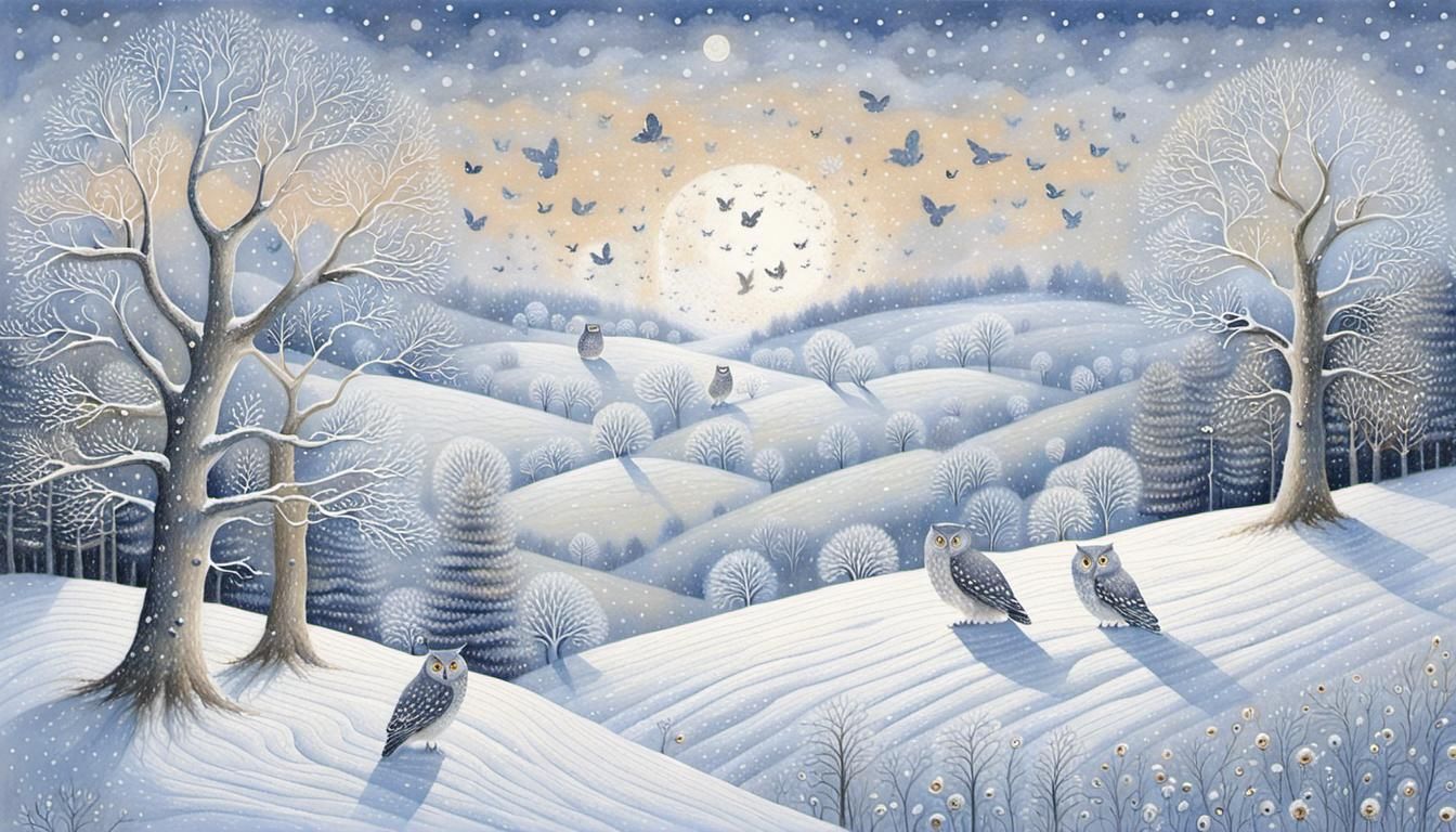 Ethereal Frosty Owls in Winter Landscape