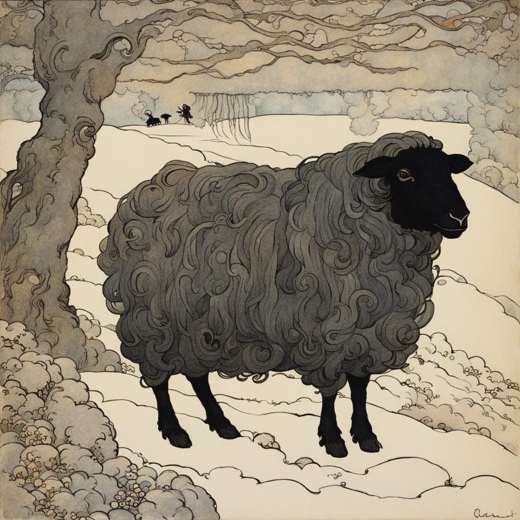 Vintage-Inspired Black Sheep in a Whimsical Landscape