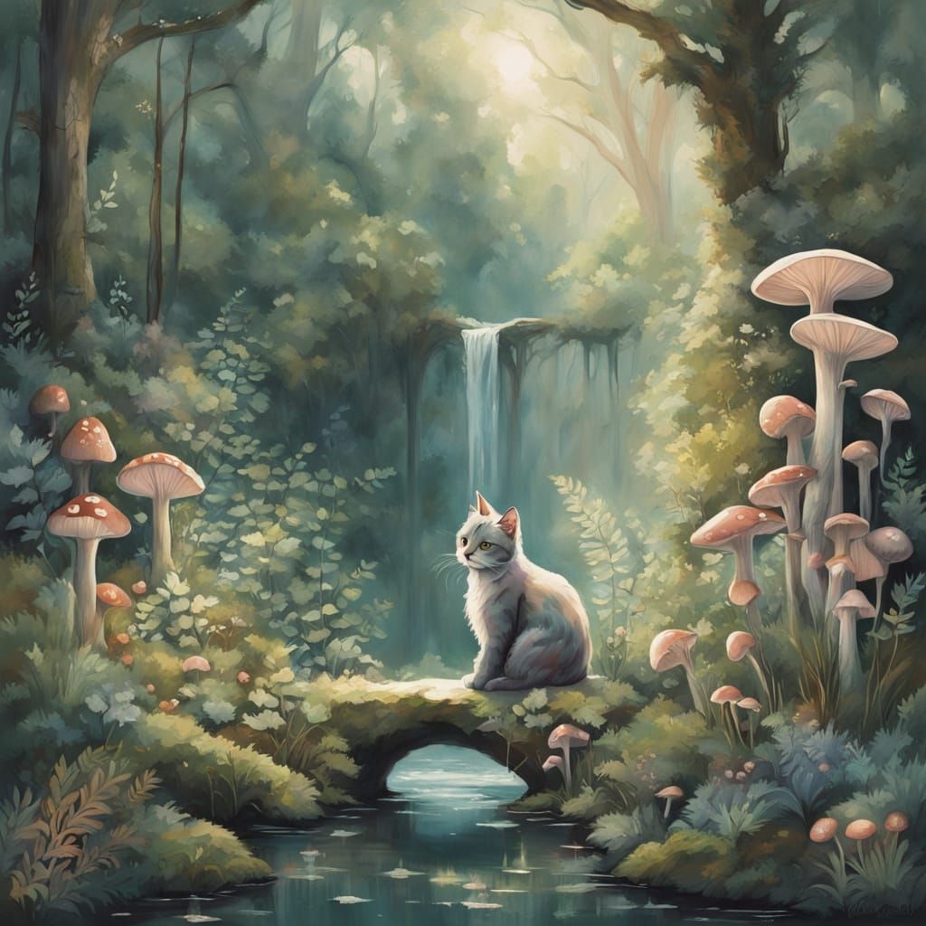 Whimsical Calico Cat on Archway by Enchanted Waterfall