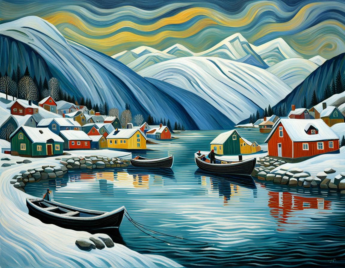 Winter Fishing Village in Woodcut Style