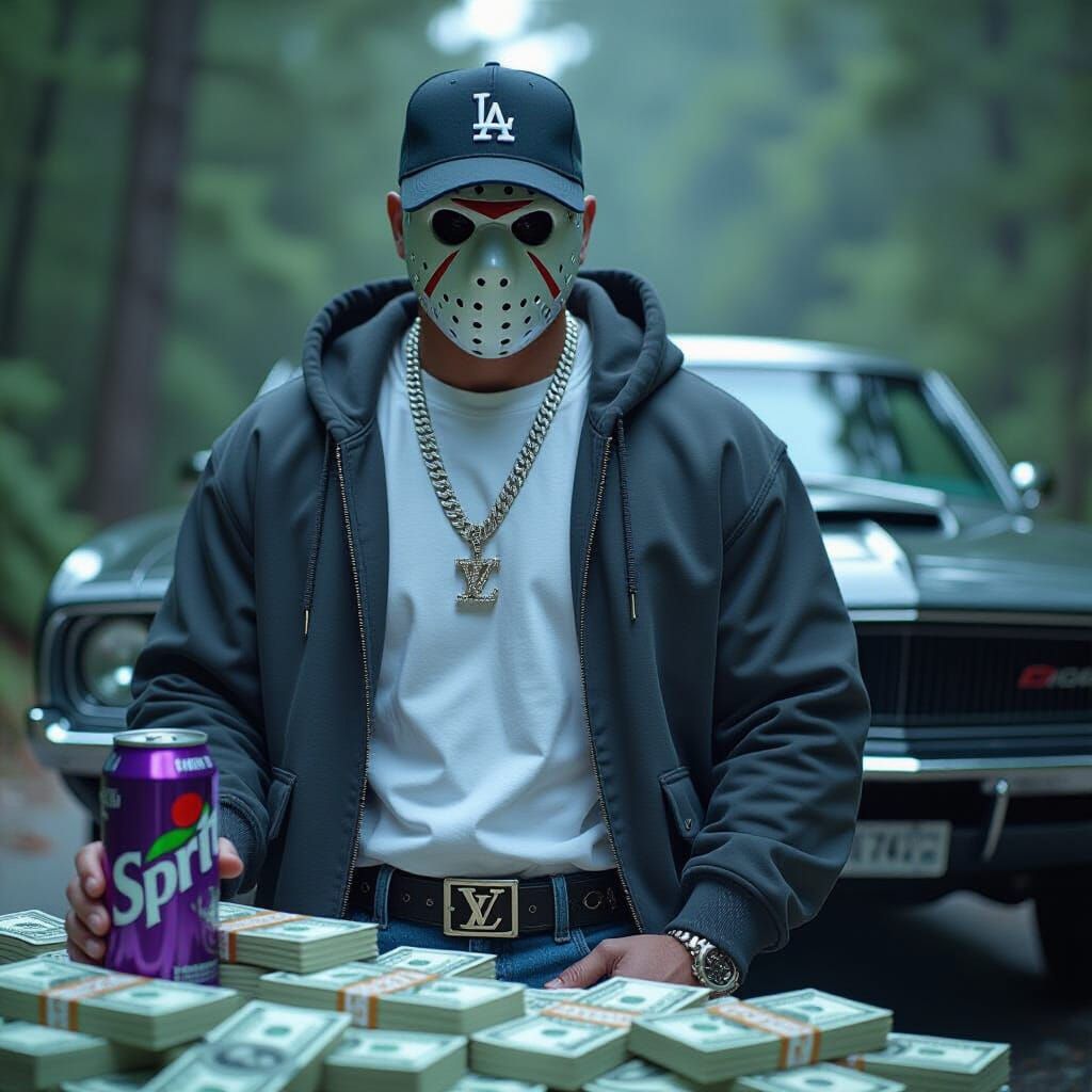 Jason Voorhees Posing with Sprite, Money, and Dodge Charger