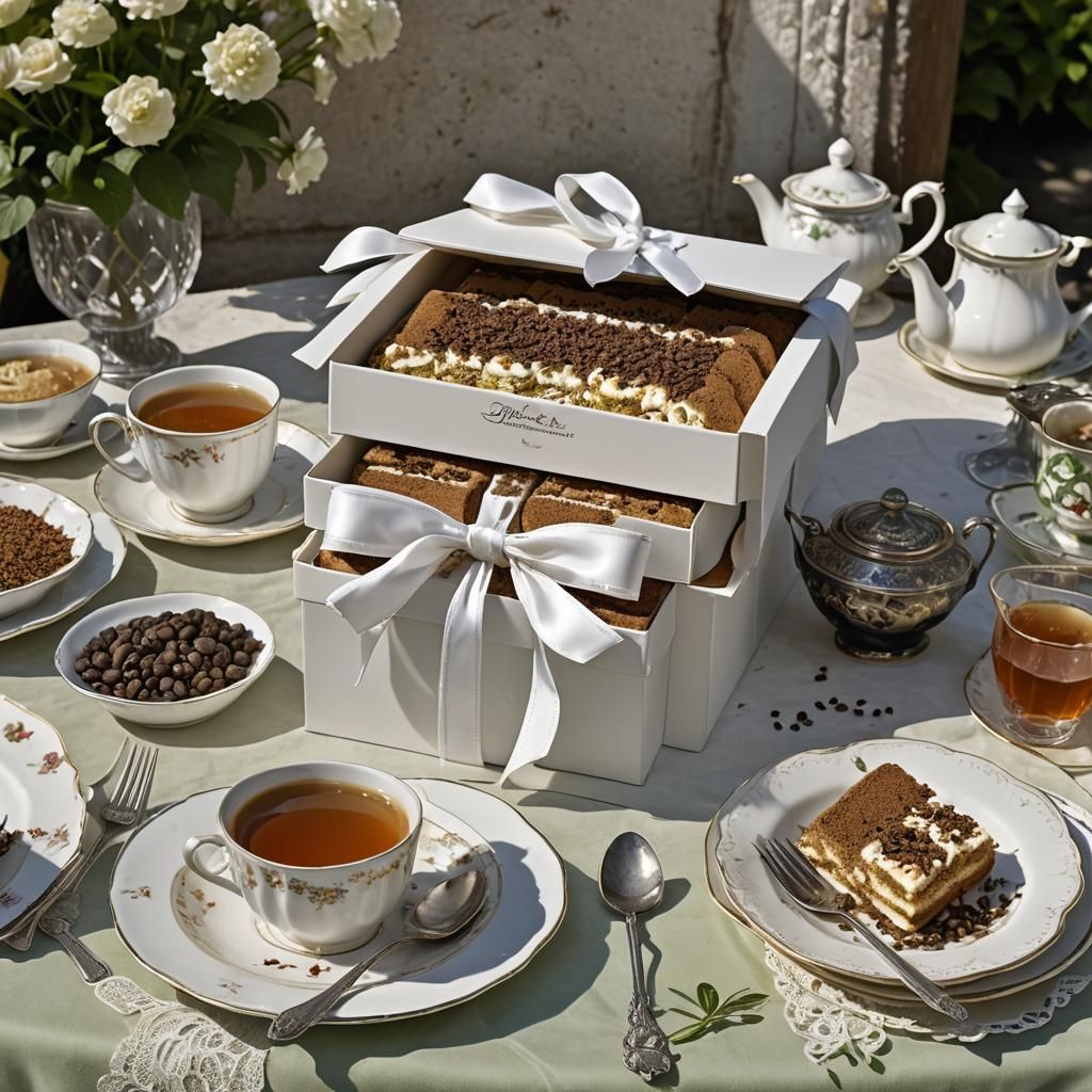 Elaborate Tiramisu and Tea Still Life