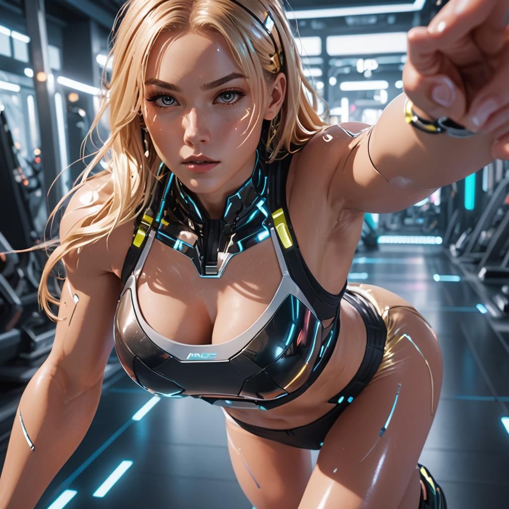 Dynamic Blonde Woman in Futuristic Gym, 3D Anime Art