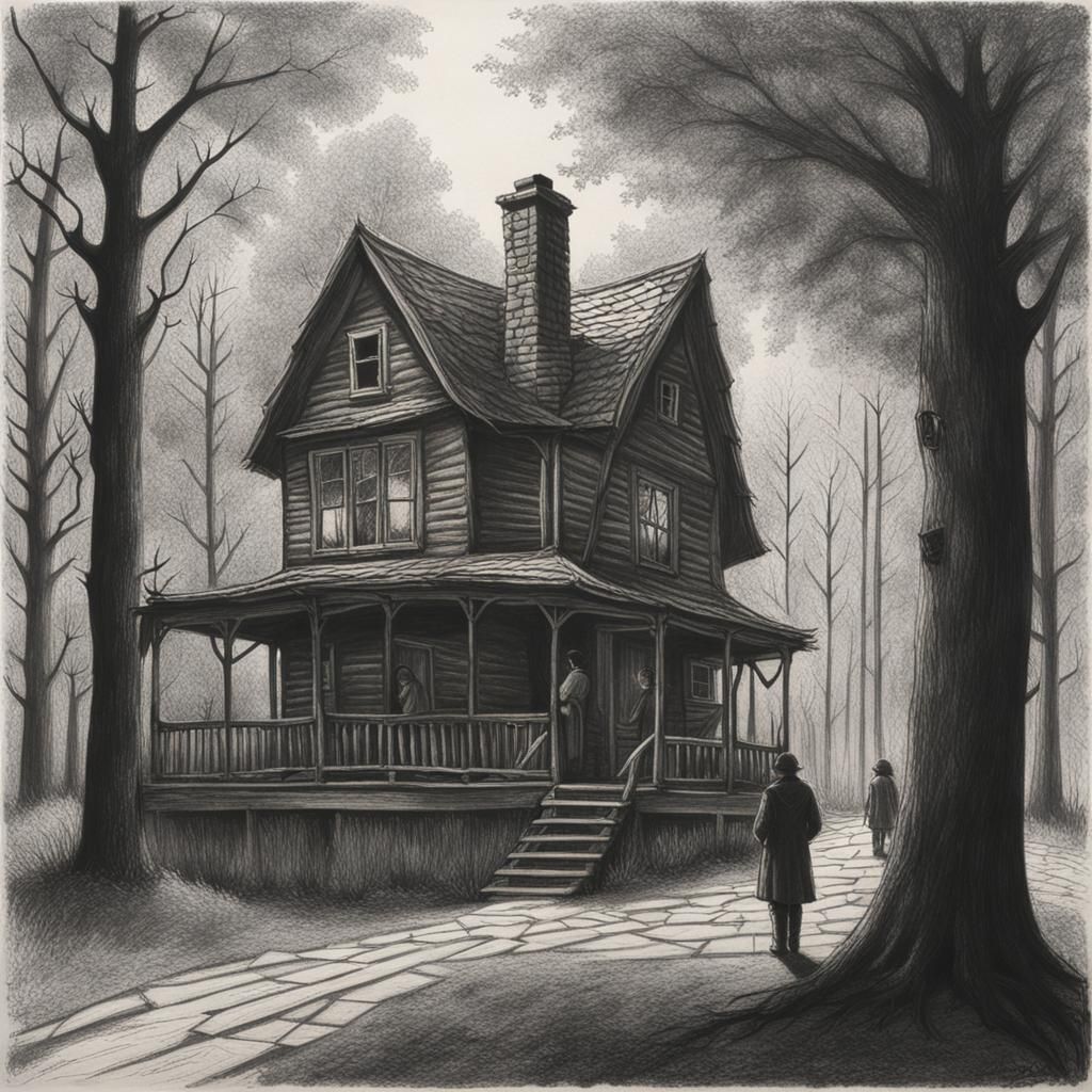 Hyperdetailed Charcoal Drawing: Forest House with Figures