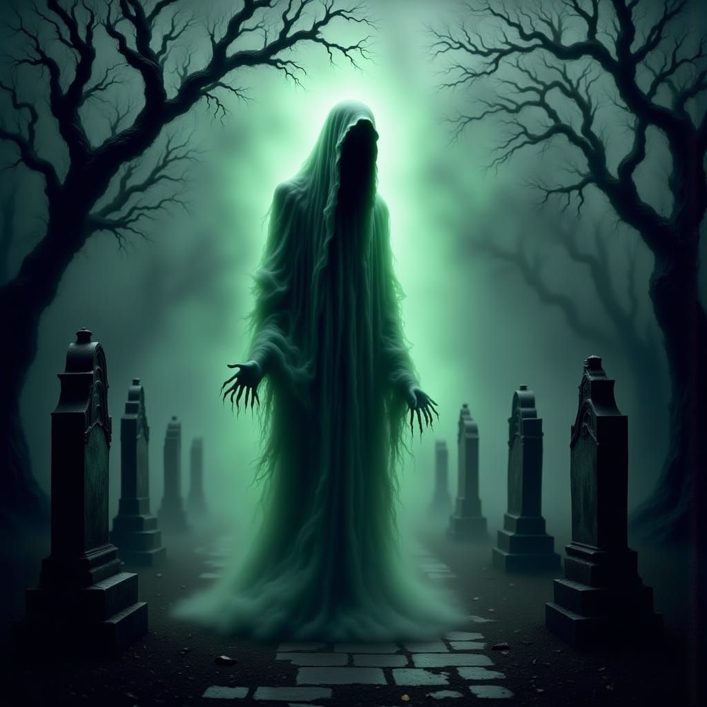 Ethereal Ghost in Mist-Shrouded Cemetery