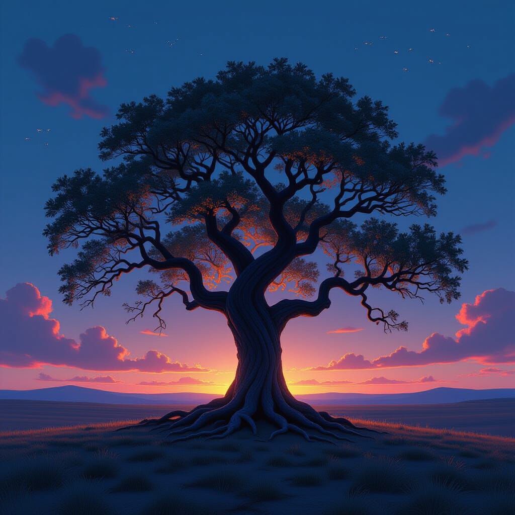 Ancient Bioluminescent Tree on Empty Plain at Twilight