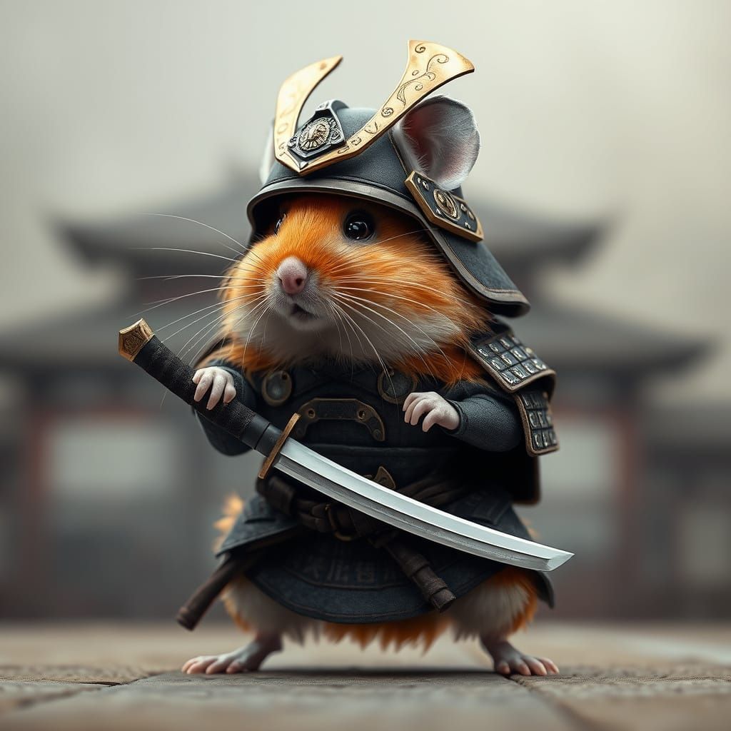 Hyper-Realistic Samurai Hamster in Intricate Armor