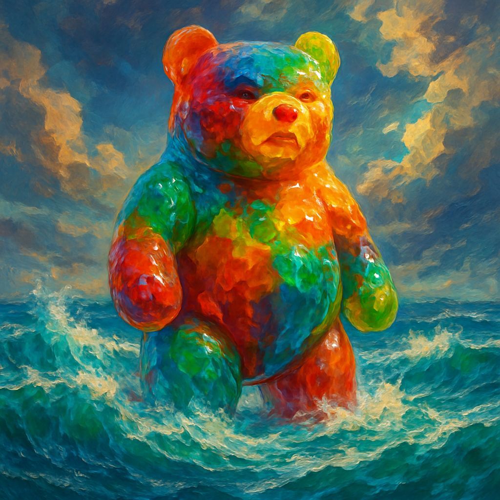 Gummy Bear Colossus Amidst a Stormy Sea