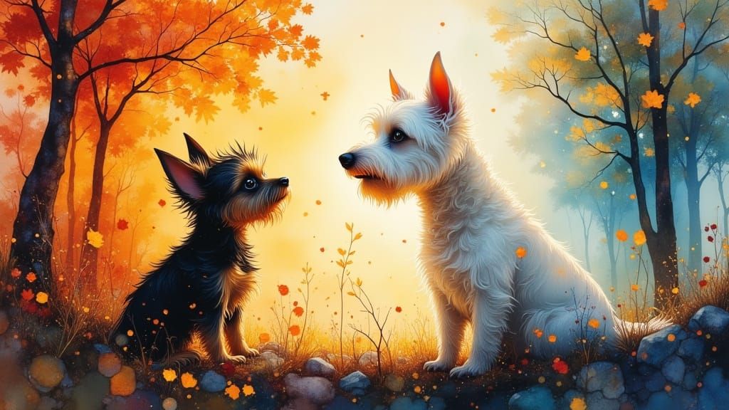 Double Exposure: Papillon & Westie with Autumn Landscape