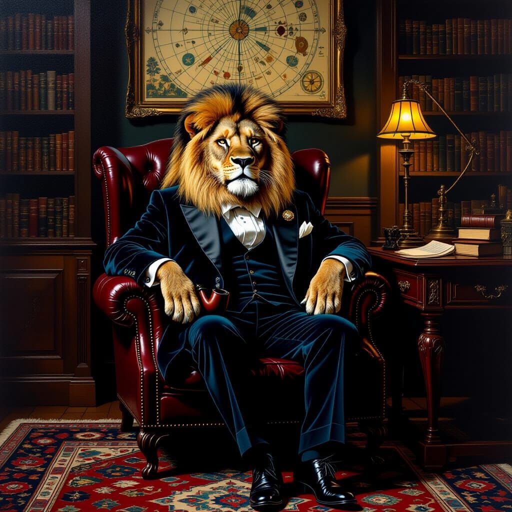 Lion in Smoking Jacket: Oil Painting with Warm Lighting