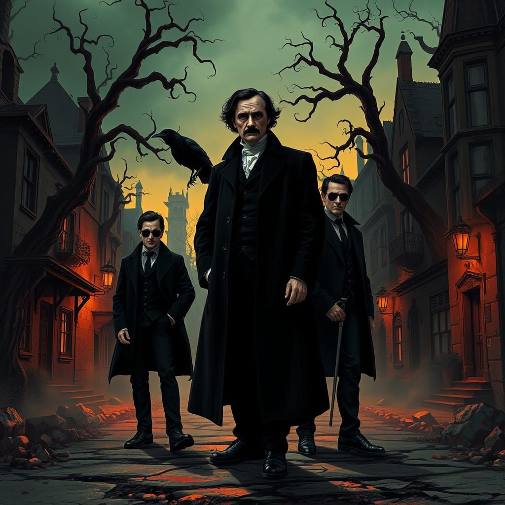 Gothic Mystery Figure Confronts Men in Black