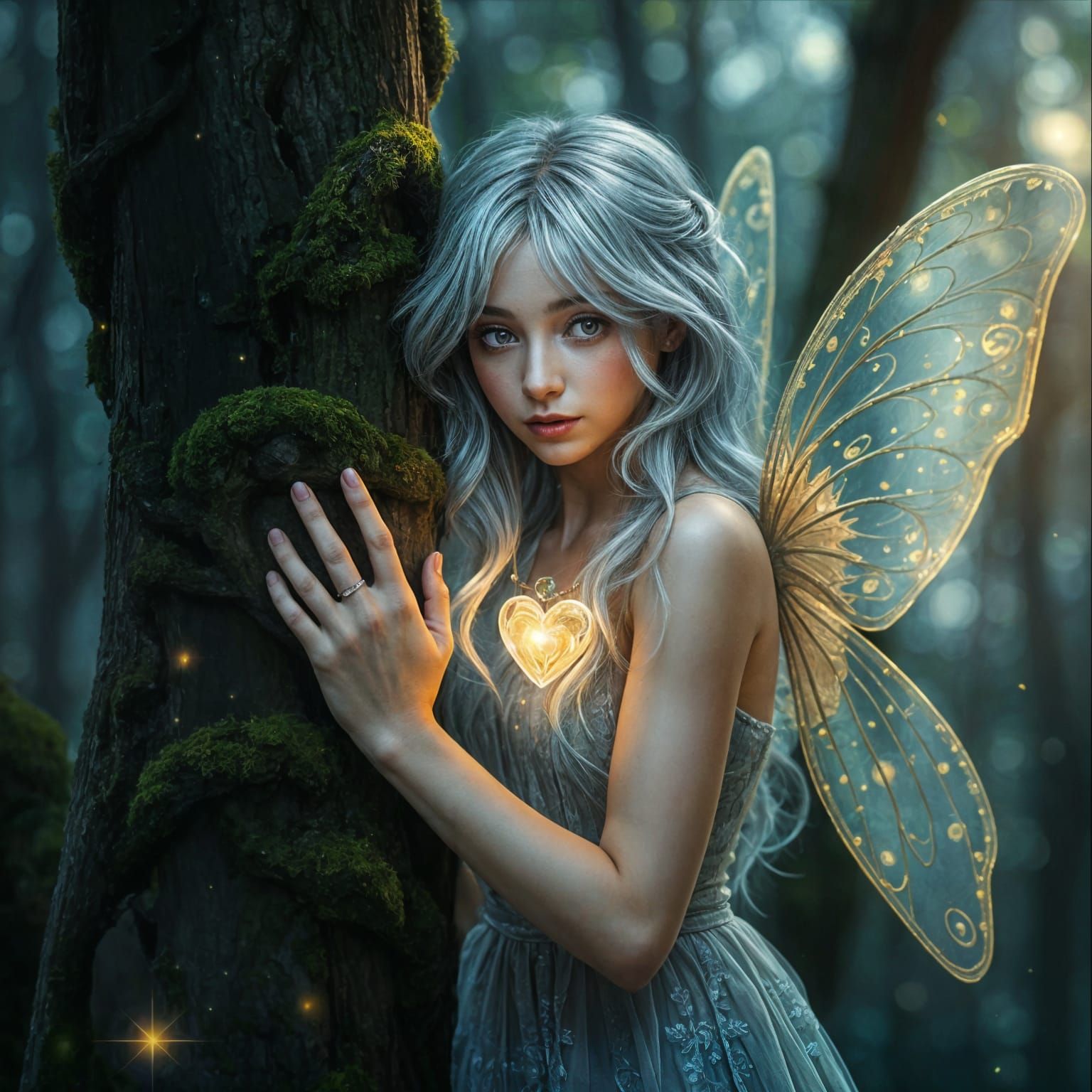 Serene Forest Twilight with Fairy Girl in Ethereal Harmony